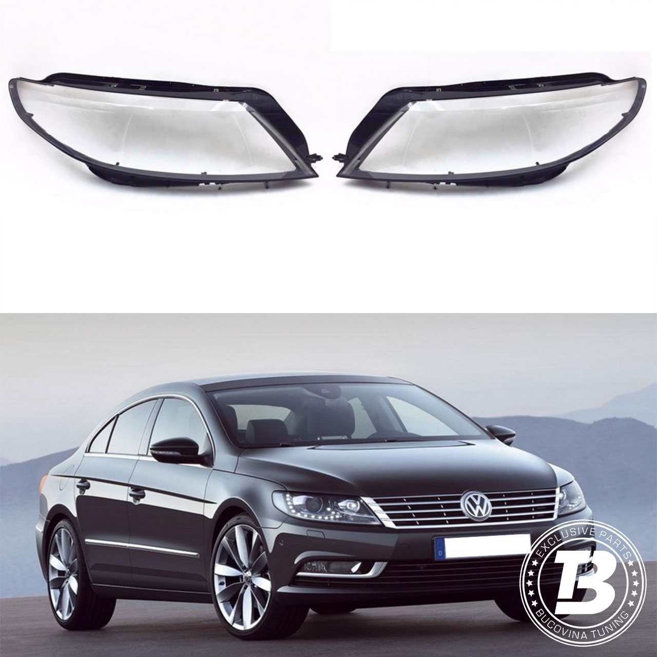 Sticle faruri compatibile cu VW Passat CC facelift Sticle faruri compatibile cu VW Passat CC facelift, pereche cu rama neagră și coupé gri închis