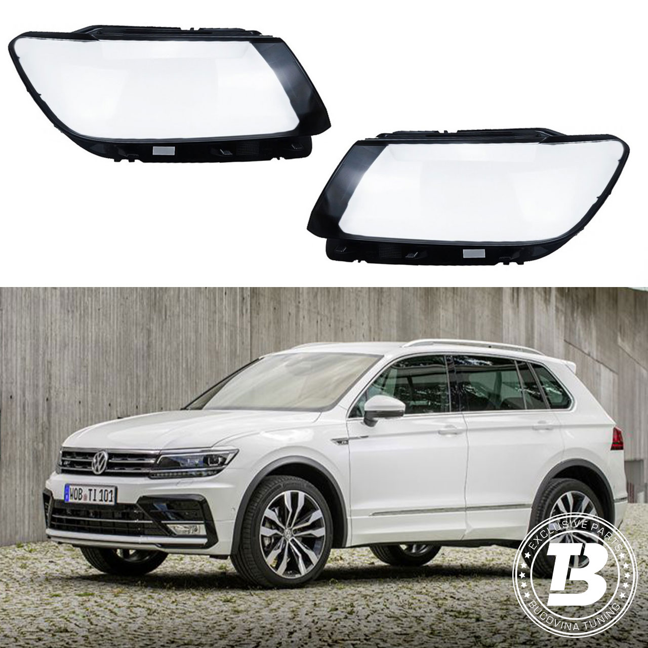 Sticle faruri compatibile cu VW Tiguan II pre-facelift Sticle faruri compatibile cu VW Tiguan II pre-facelift, pereche cu rama neagră și SUV alb