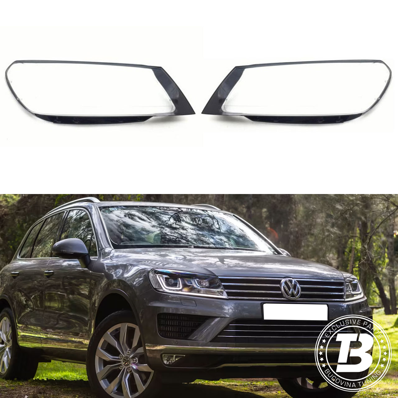 Sticle faruri compatibile cu VW Touareg II facelift Sticle faruri compatibile cu VW Touareg II facelift, pereche și SUV gri în pădure