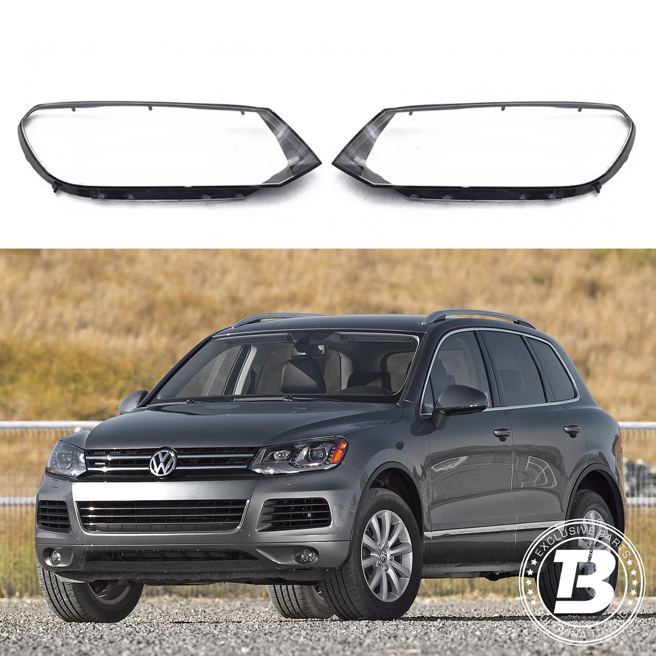 Sticle faruri compatibile cu VW Touareg II pre-facelift Sticle faruri compatibile cu VW Touareg II pre-facelift, pereche și SUV gri de prezentare
