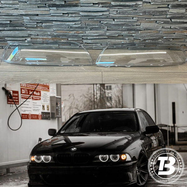 Sticle faruri compatibile cu BMW Seria 5 E39 facelift, pereche și sedan negru de prezentare