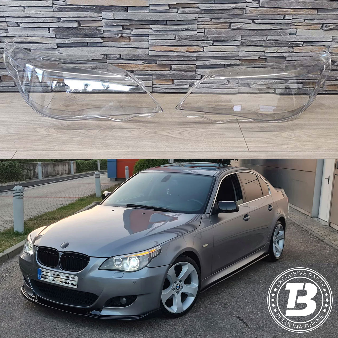 Sticle faruri compatibile cu BMW Seria 5 E60 LCI Sticle faruri compatibile cu BMW Seria 5 E60 LCI, pereche și sedan gri de prezentare
