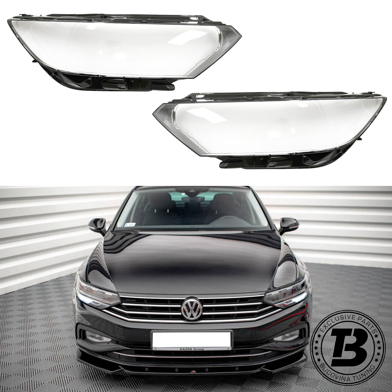 Sticle faruri compatibile cu VW Passat B8 Sticle faruri compatibile cu VW Passat B8, pereche cu rama neagră și sedan închis la culoare
