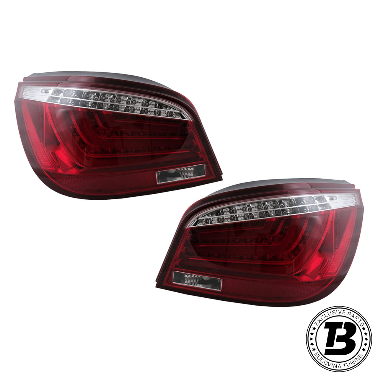 Stopuri LED compatibile cu BMW Seria 5 E60 LCI Red Design Stopuri LED compatibile cu BMW Seria 5 E60 LCI sedan Red Design, pereche stinsă pe fundal alb