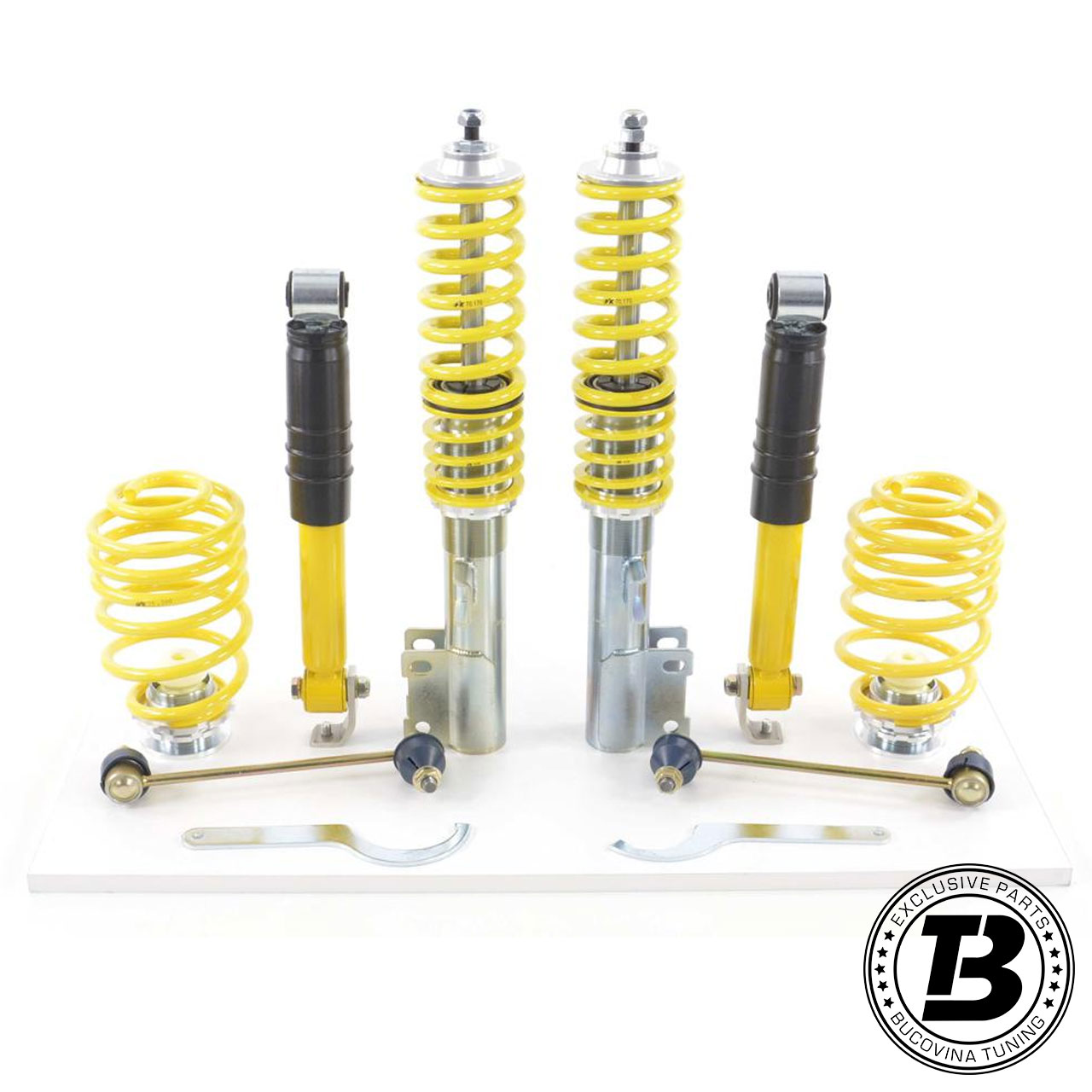 Kit suspensie sport FK, vedere de ansamblu Kit suspensie sport FK compatibil cu Opel Astra G: amortizoare, arcuri, cupe, bielete și chei de reglaj