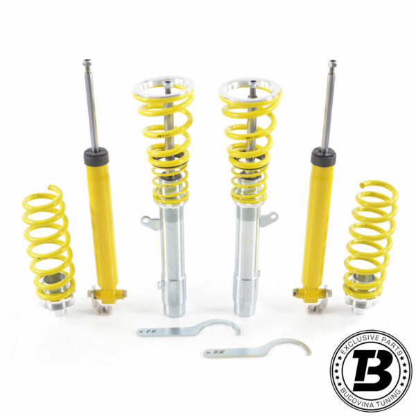 Kit coilover FK complet: amortizoare față filetate, amortizoare spate, arcuri galbene și două chei de reglaj
