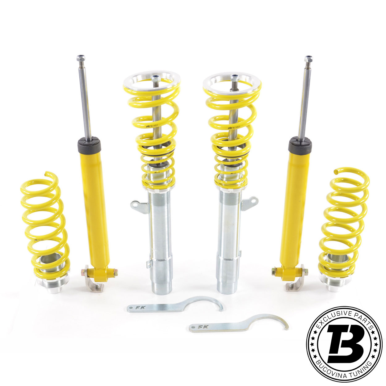 Kit coilover FK complet, vedere de ansamblu Kit coilover FK complet: amortizoare față filetate, amortizoare spate, arcuri galbene și două chei de reglaj