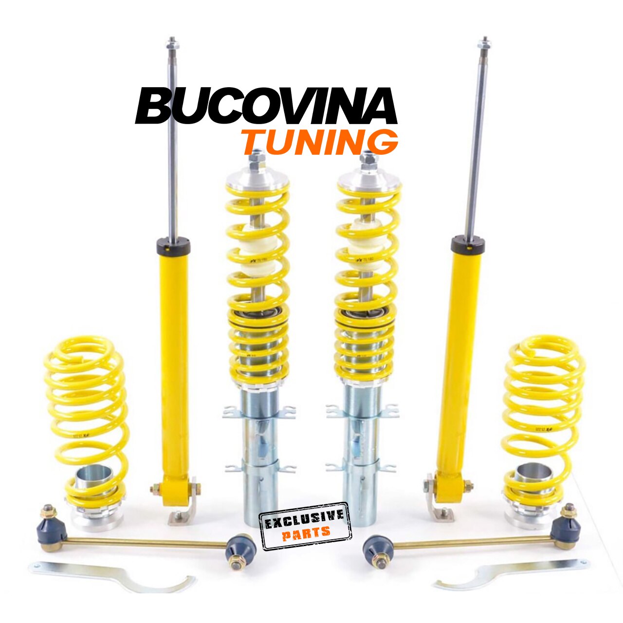 Kit coilover FK pe suport, vedere de ansamblu Kit coilover FK pe suport: amortizoare față filetate, amortizoare spate, arcuri, cupe, bielete și chei de reglaj