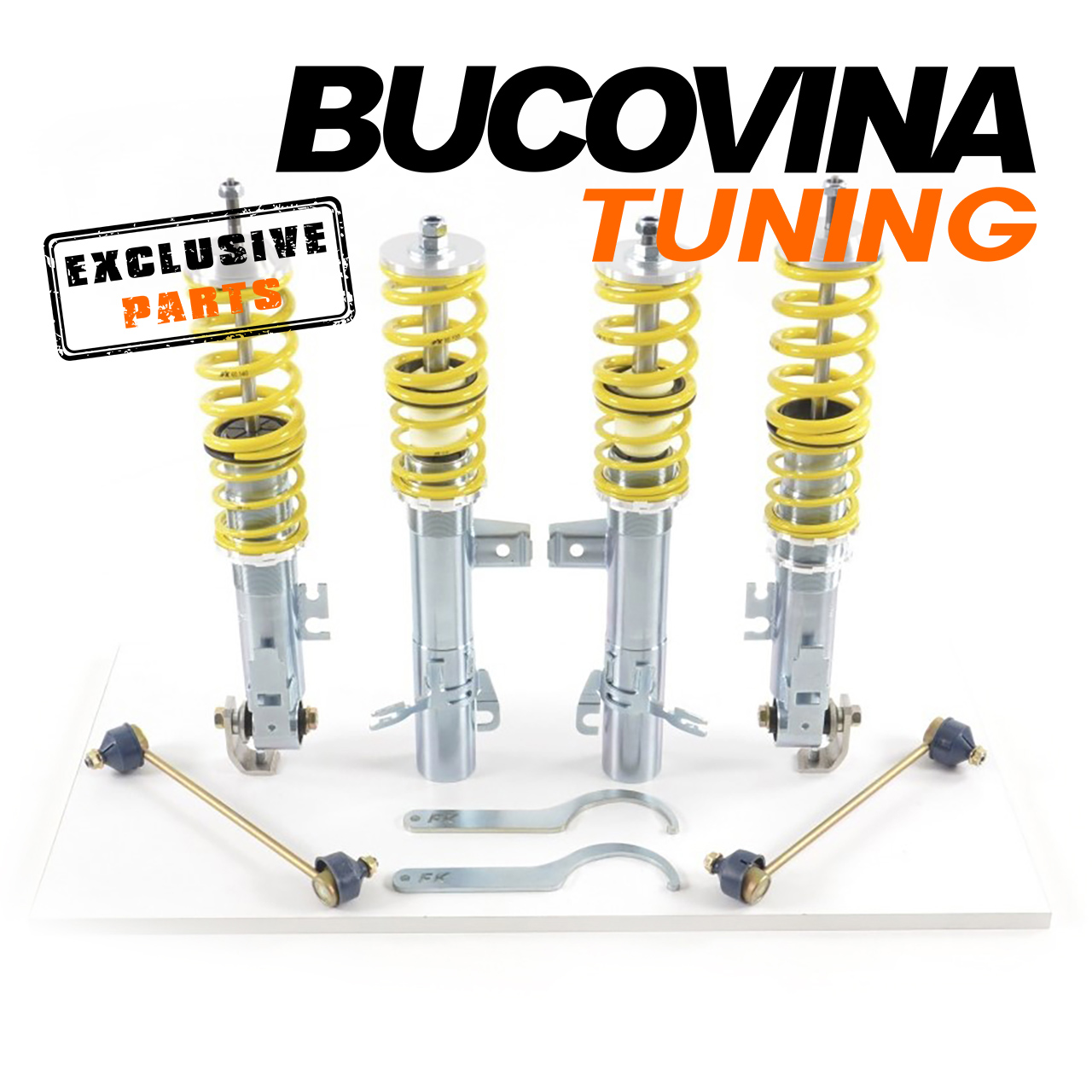 Kit coilover FK, fotografie de prezentare Kit coilover FK cu patru amortizoare filetate, arcuri galbene, bielete și chei, fotografie de prezentare