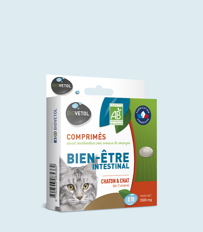 Bien-être Intestinal bio Biovetol pentru pisici Cutia Bien-être Intestinal Biovetol pentru pisici și pui de pisică, cu o pisică gri și logo-ul AB