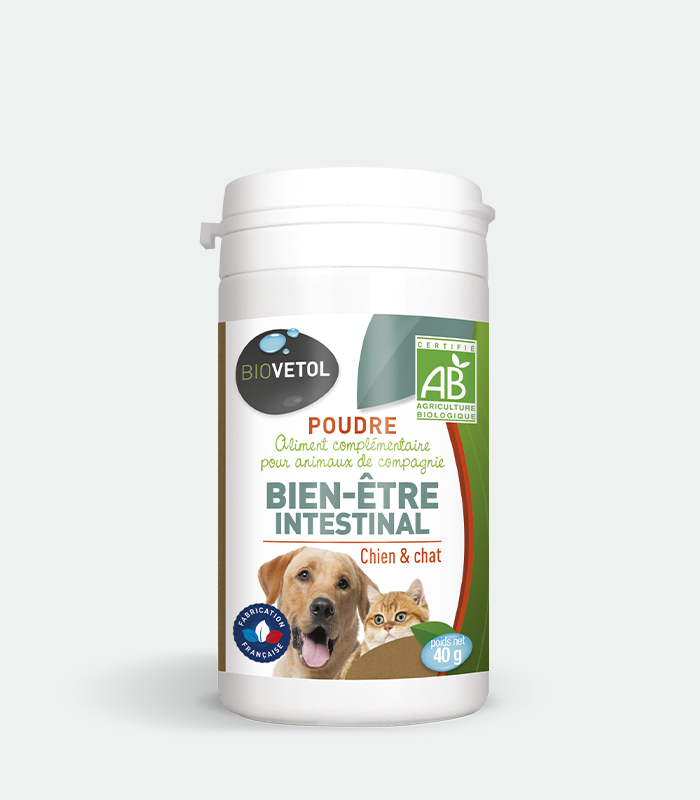 Bien-être intestinal Biovetol, pulbere pentru căței și pisici Flacon alb Bien-être intestinal Biovetol, pulbere bio pentru câini și pisici, 40 g