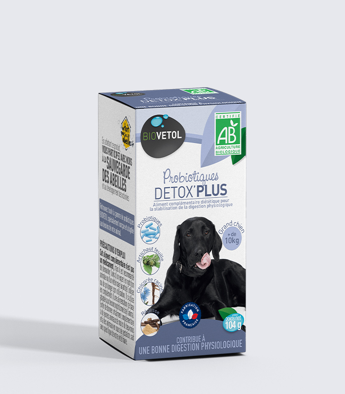 Probiotic bio Detox plus Biovetol pentru câini de talie mare Cutia probioticului bio Detox Plus Biovetol pentru câini peste 10 kg, 104 g, cu un câine negru