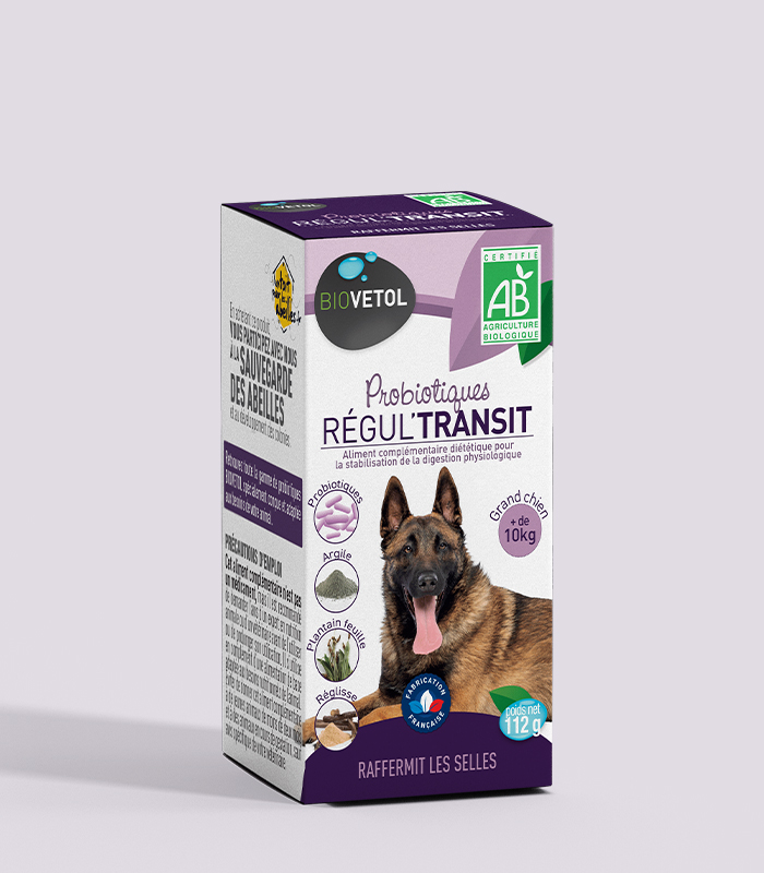 Régul'Transit probiotic bio Biovetol pentru câini mari Cutia Régul'Transit Biovetol cu probiotice pentru câini mari, cu un ciobănesc belgian și logo-ul AB