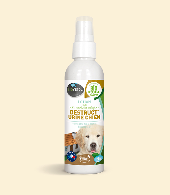 Spray bio Destruct Biovetol pentru urină de câine Spray bio Destruct Biovetol pentru mirosul de urină de câine, flacon cu pulverizator și imagine cu un cățel