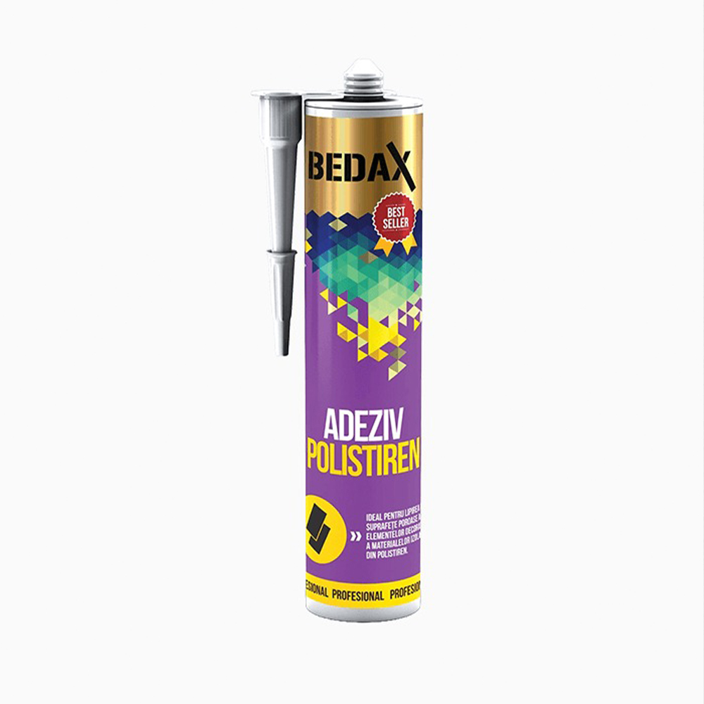 Adeziv pentru polistiren BEDAX, 280 ml Cartuș de adeziv pentru polistiren BEDAX de 280 ml, cu duză de aplicare alături