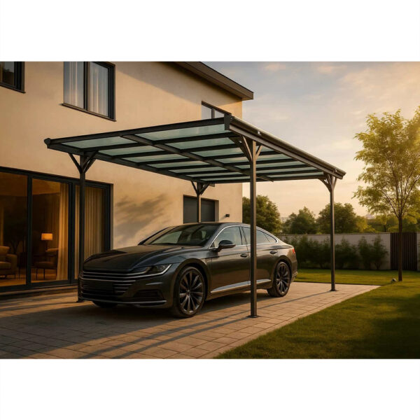 Carport ALFA gri antracit cu acoperiș fumuriu, cu o mașină parcată lângă casă, la apus