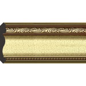 Cornișă din durcompozit JC156-A-2024T, aurie, cu volute în relief și accente maro în adâncituri