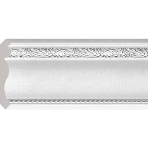 Cornișă din durcompozit JC156-A-W1ST, albă, cu volute argintii în relief și șirag de perle argintii