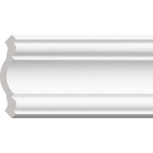 Cornișă albă din durcompozit JX46-W, profil concav cu borduri rotunjite sus și jos, secțiune vizibilă