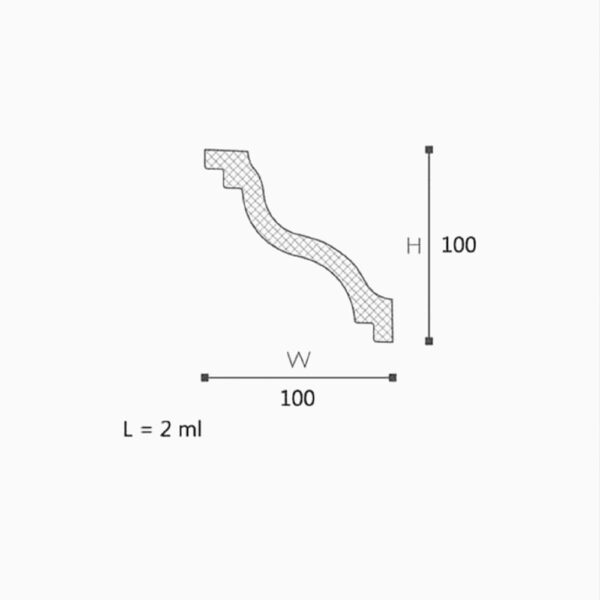 Desen tehnic al cornișei CX06: secțiune de 100 x 100 mm și lungime de 2 m