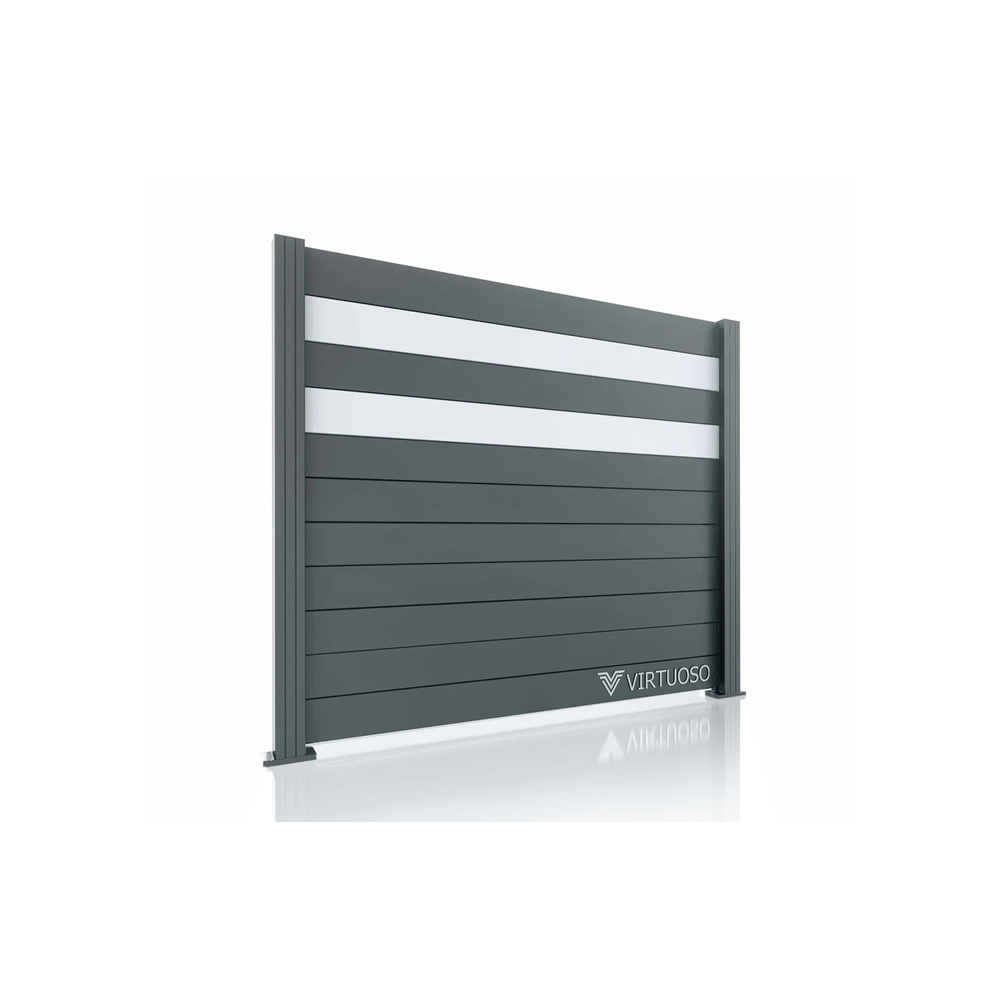 Gard Apollo 2.0 cu doi stâlpi 70 x 70 mm Gard Apollo 2.0 gri închis cu doi stâlpi, două benzi deschise la culoare sus, pe fundal alb