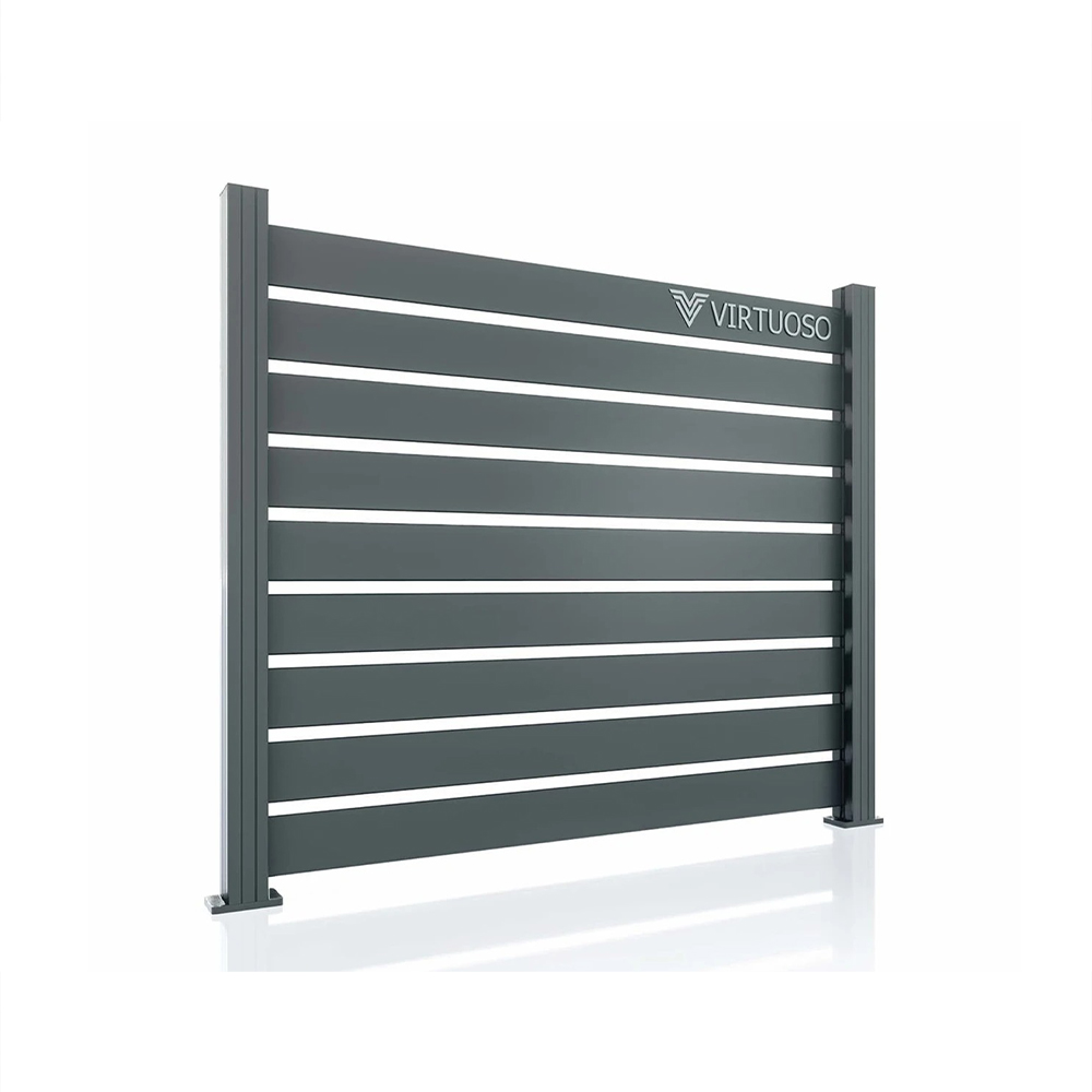 Gard Atlas 1500 × 2000 mm cu doi stâlpi Gard Atlas gri antracit cu lamele orizontale egale, linii deschise între ele și doi stâlpi de 70 × 70 mm