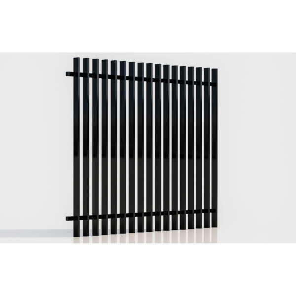 Panou de gard Light Straight negru lucios, cu lamele verticale prinse pe două traverse