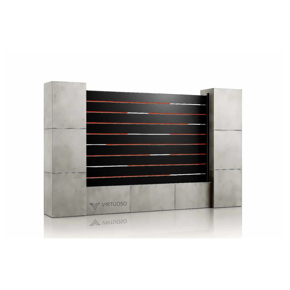 Gard aluminiu Ragnar, vedere în unghi Gard din aluminiu Ragnar cu lamele negre, fante de lungimi diferite și inserții colorate