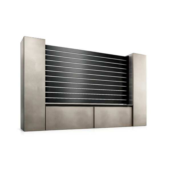 Gard din aluminiu Taurus cu lamele negre de 10 cm și spații înguste, între stâlpi de beton