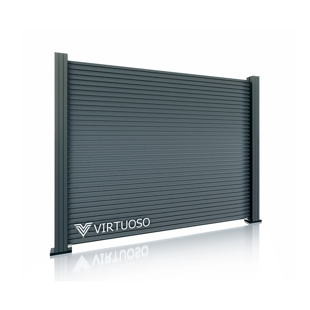 Gard Sfinx 1500 × 2000 mm cu doi stâlpi Gard Sfinx antracit cu lamele orizontale înguste, închise, și doi stâlpi de 70 × 70 mm