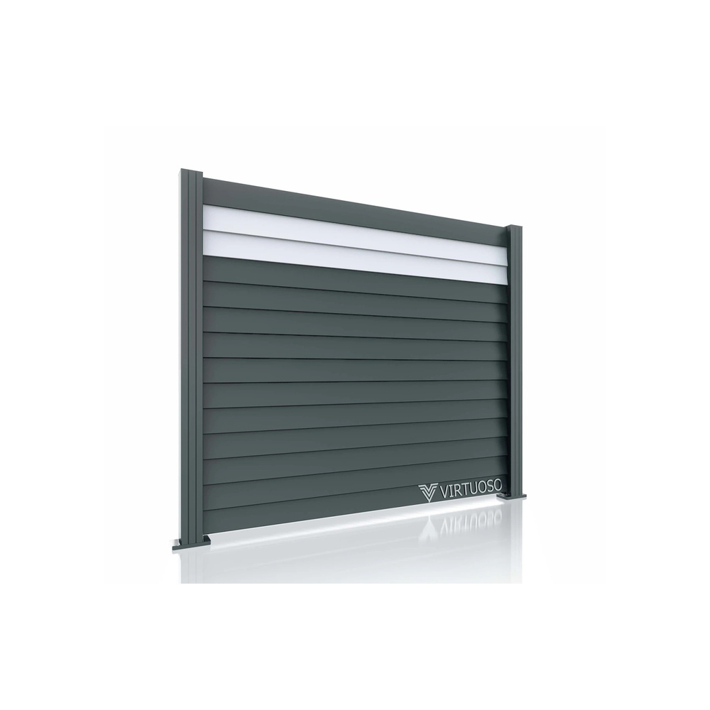 Gard Zeus cu doi stâlpi 70 x 70 mm Gard Zeus gri închis cu doi stâlpi, lamele pline și bandă deschisă sus, pe fundal alb