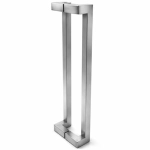 Pereche de mânere tragătoare din inox satinat cu profil pătrat, montate spate în spate, vedere verticală