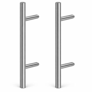 Două mânere tragătoare rotunde din inox satinat, Ø32 mm, cu câte două picioare de prindere