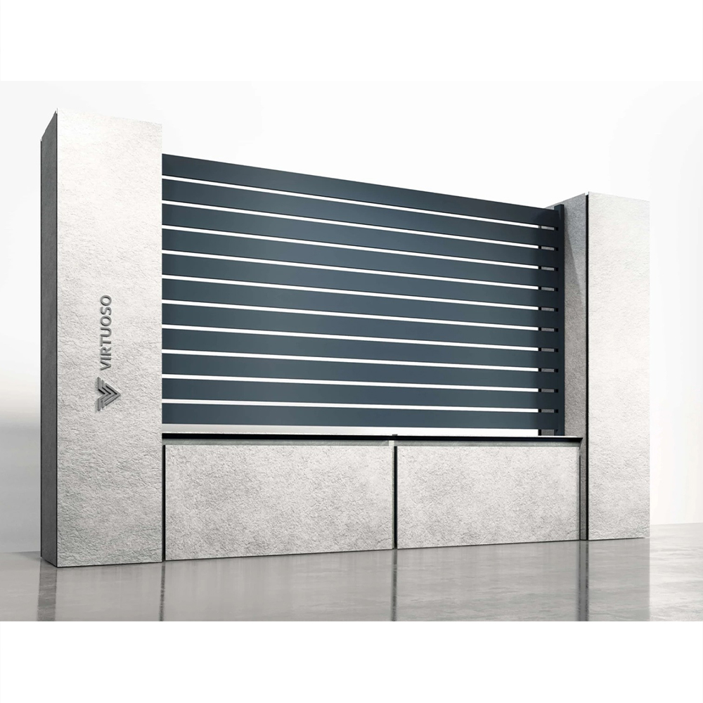 Panou de gard Luna 1500 × 2000 mm Panou de gard Luna antracit cu lamele orizontale de 10 cm, între stâlpi de beton, vedere laterală