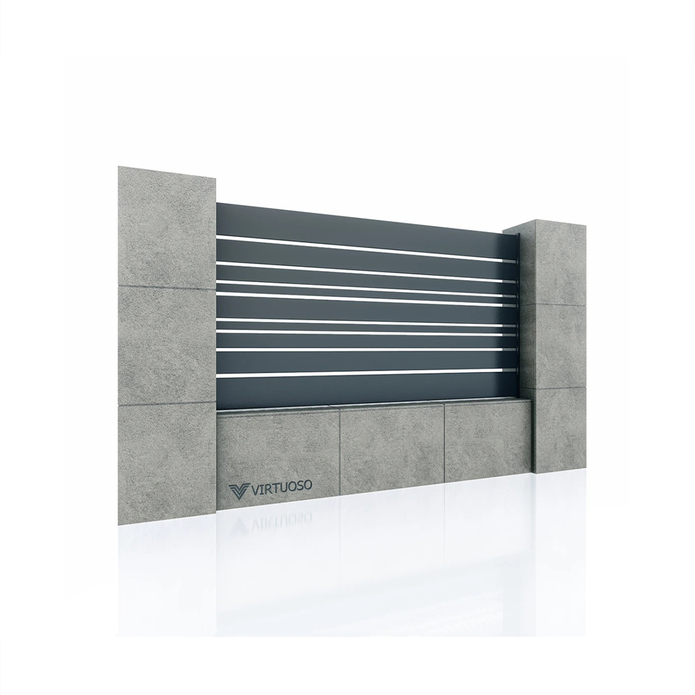 Panou de gard Paradox 1500 × 2000 mm Panou de gard Paradox antracit cu lamele de lățimi diferite și linii deschise, între stâlpi de beton