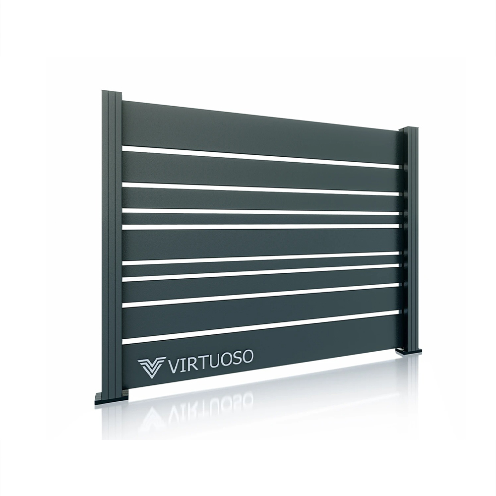 Gard Paradox 1500 × 2000 mm cu doi stâlpi Gard Paradox antracit cu lamele de lățimi diferite, linii deschise și doi stâlpi de 70 × 70 mm