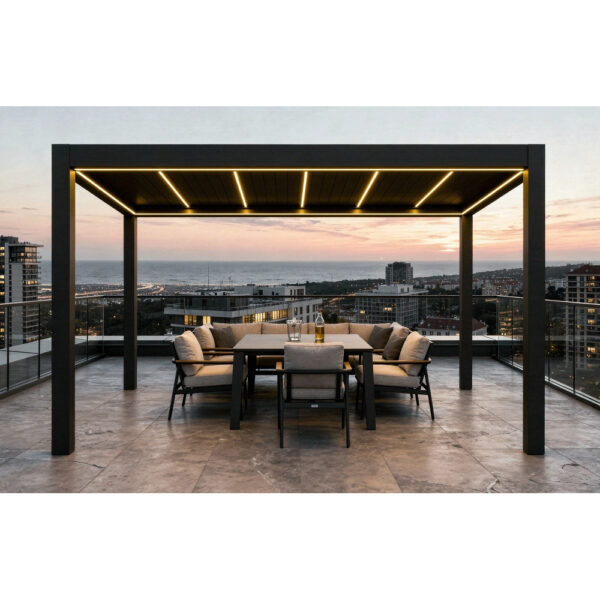 Pergola Deluxe 2.0 de 3 x 4 m pe o terasă cu masă de exterior, la apus, cu lumina caldă aprinsă