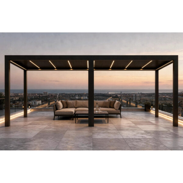 Pergola Deluxe 2.0 de 3 x 8 m pe o terasă-belvedere, cu canapea de exterior, la apus
