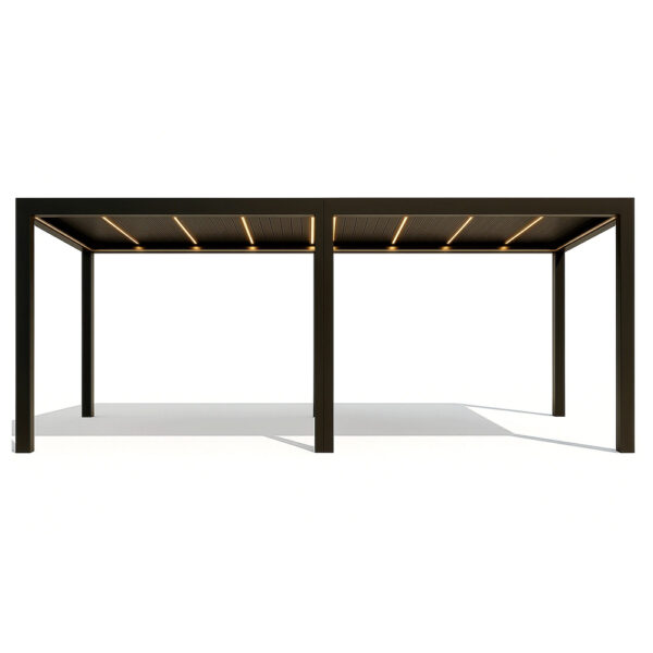 Pergolă bioclimatică Deluxe 2.0 de 3 x 8 m, din două module, vedere frontală cu LED aprins