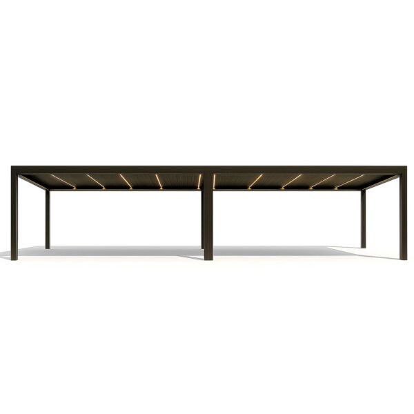 Pergolă bioclimatică Deluxe 2.0 de 4 x 8 m, două module, vedere frontală cu LED aprins