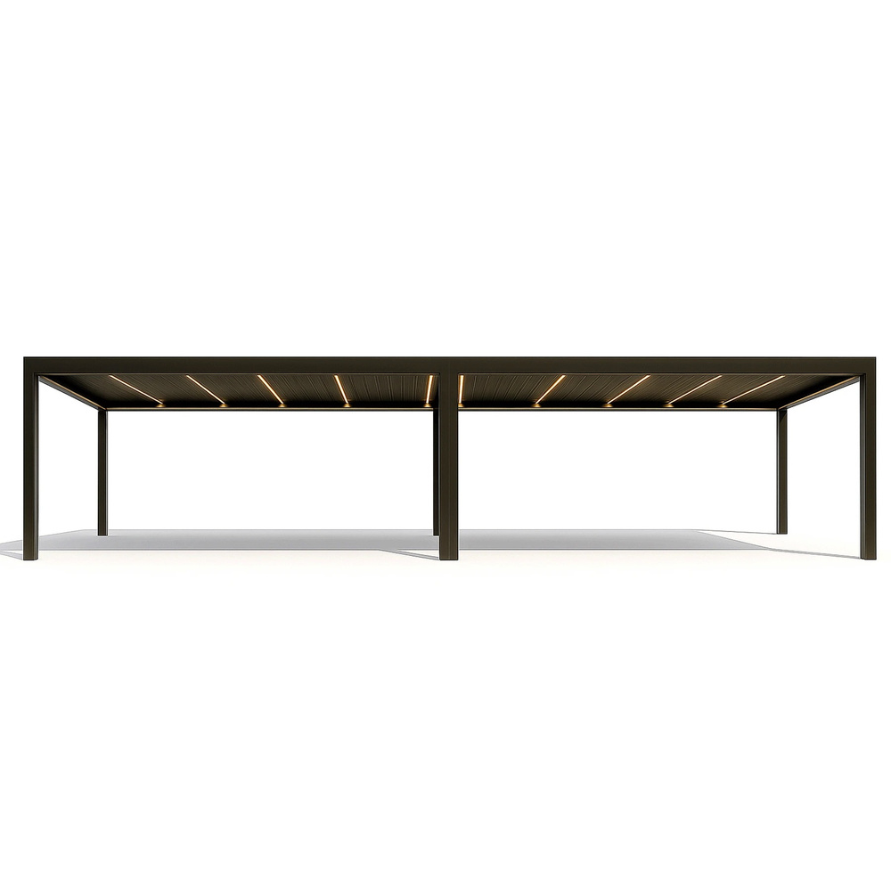 Pergolă Deluxe 2.0 4 x 8 m, vedere frontală Pergolă bioclimatică Deluxe 2.0 de 4 x 8 m, două module, vedere frontală cu LED aprins