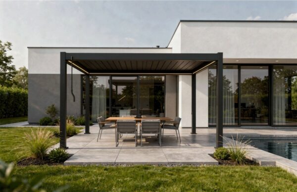 Pergola X 2.0 în varianta gri antracit, pe terasa unei case moderne, cu masă de exterior lângă piscină