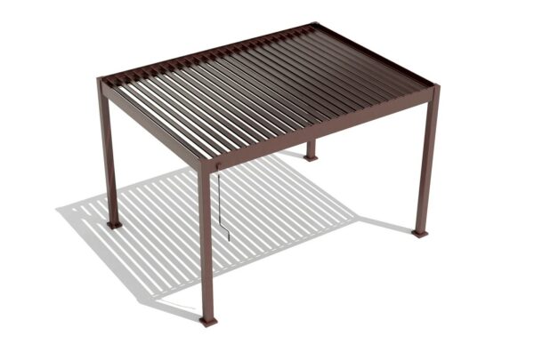 Pergola X 2.0 maro cu lamelele deschise și umbra lor pe sol