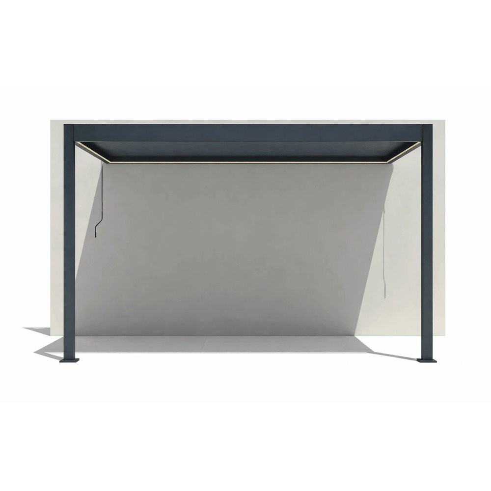 Pergolă X 2.0 cu prindere pe casă Pergolă bioclimatică X 2.0 cu prindere pe casă, 3 x 4 m, ancorată de perete, vedere frontală