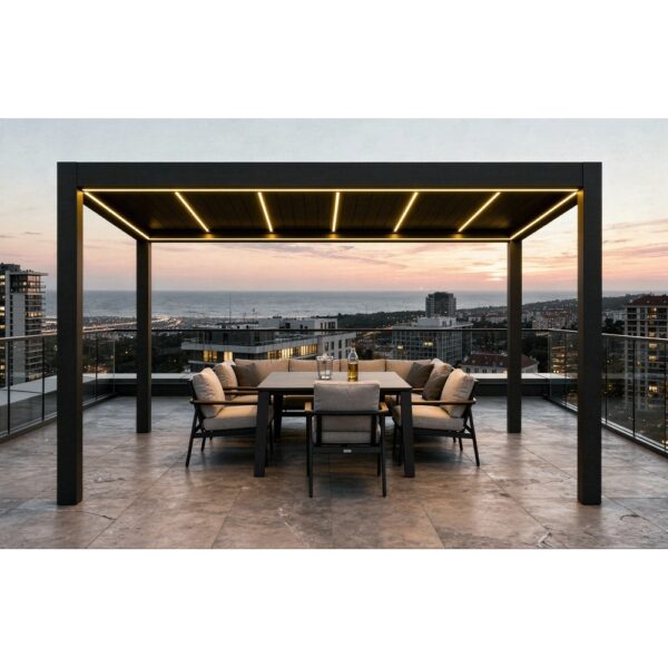 Pergola Supreme pe o terasă cu masă de exterior, la apus, cu LED-urile aprinse