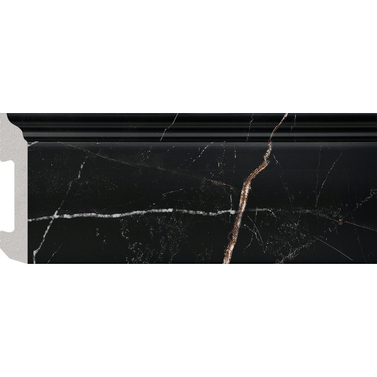 Plintă durcompozit marmură neagră JC581-4322, 8 cm × 2 m Plintă durcompozit JC581-4322 cu aspect de marmură neagră, cu vine albe și aramii, vedere frontală
