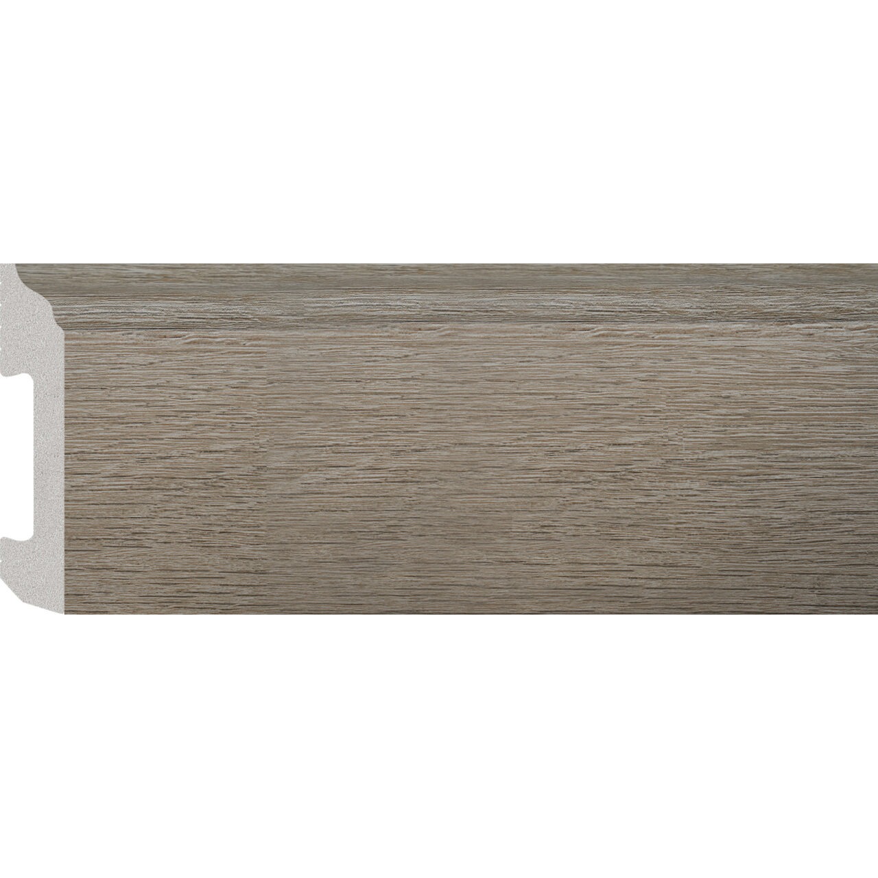 Plintă durcompozit JC581-G-0898T, lemn grej, 8 cm × 2 m Plintă durcompozit JC581-G-0898T cu decor de lemn grej și fibră fină dreaptă, vedere frontală cu secțiunea