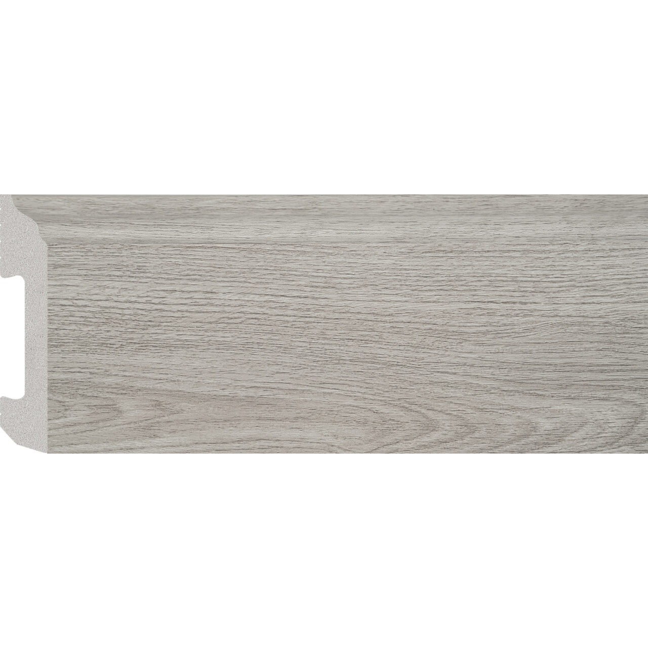 Plintă durcompozit JC581-G-13513T, stejar gri deschis, 8 cm × 2 m Plintă durcompozit JC581-G-13513T cu decor de stejar gri deschis și fibră în arcade, vedere frontală