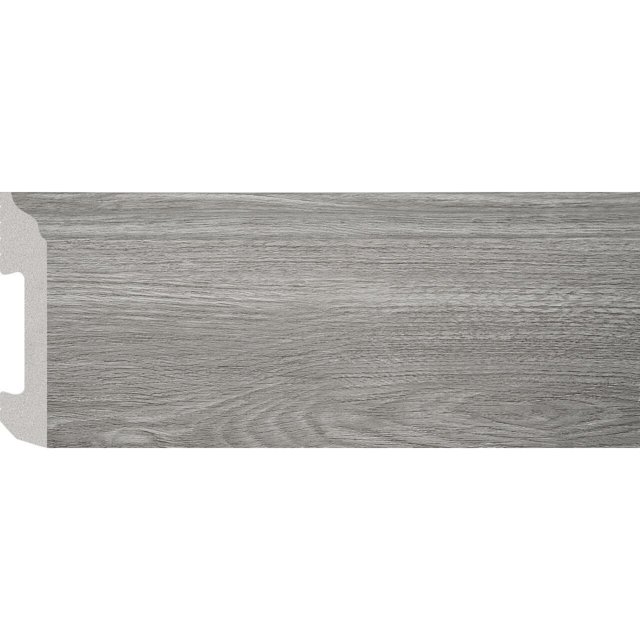 Plintă durcompozit JC581-G-13514T, stejar gri mediu, 8 cm × 2 m Plintă durcompozit JC581-G-13514T cu decor de stejar gri mediu și fibră în arcade, vedere frontală