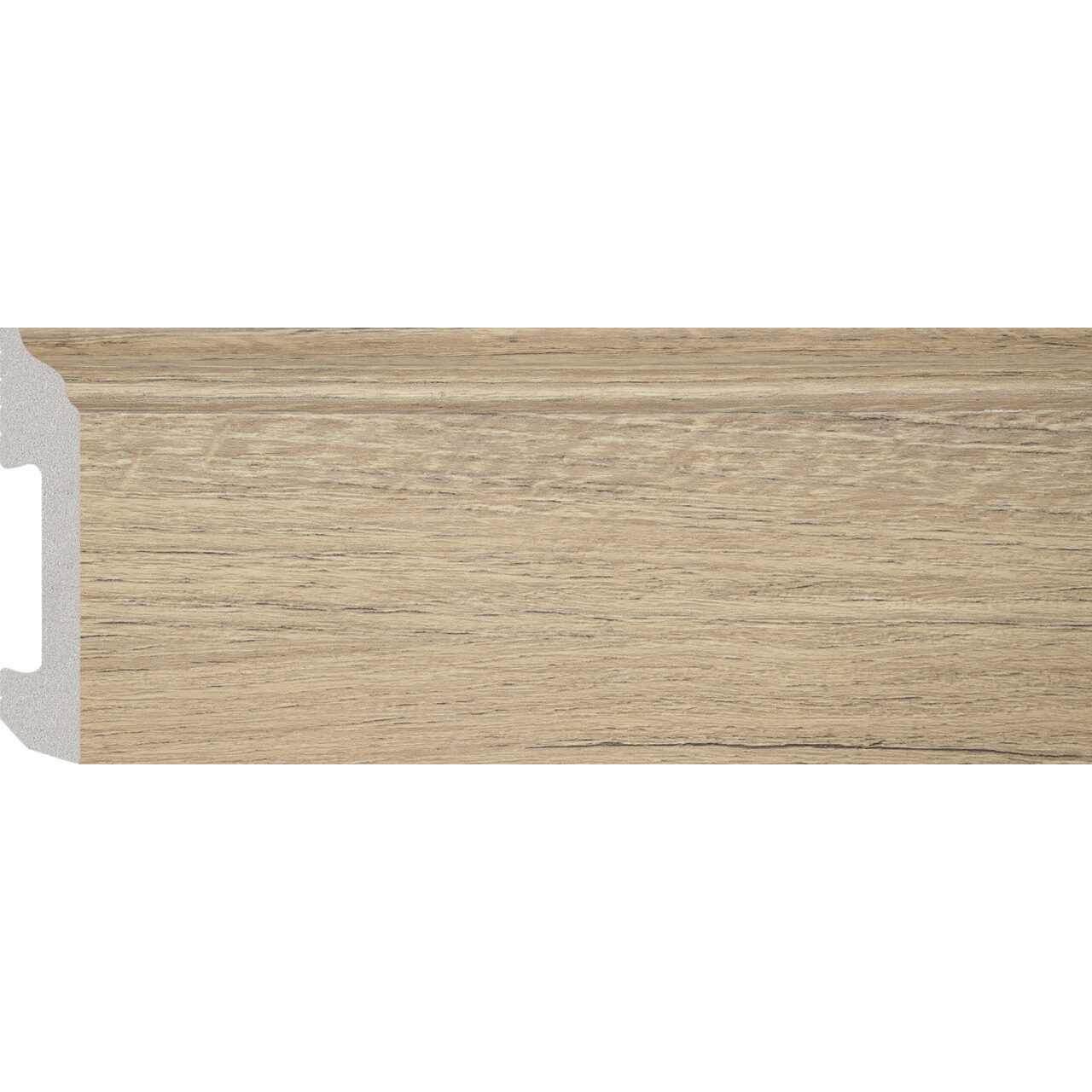 Plintă durcompozit JC581-G-18132T, lemn maro natural, 8 cm × 2 m Plintă durcompozit JC581-G-18132T cu decor de lemn maro natural și fibră fină închisă, vedere frontală